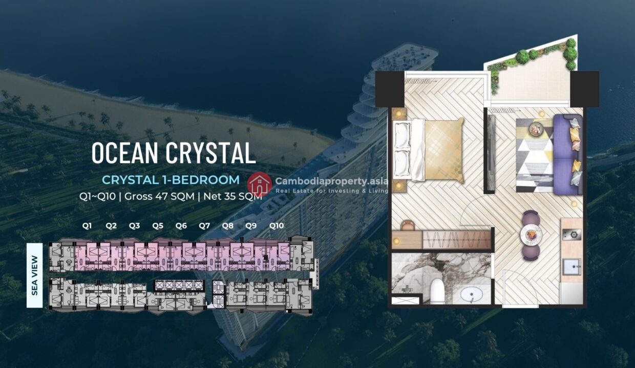 Crystal 1 Bed (47 sqm) – Ocean Crystal Tower, Otres Beach Layout