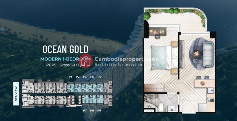 Invest in the Modern 1 Bed (50 sqm) at Ocean Gold Tower, Time Square 10. Designed for strong rental returns, this sleek, beachside unit on Otres Beach offers style, functionality, and access to premium amenities.