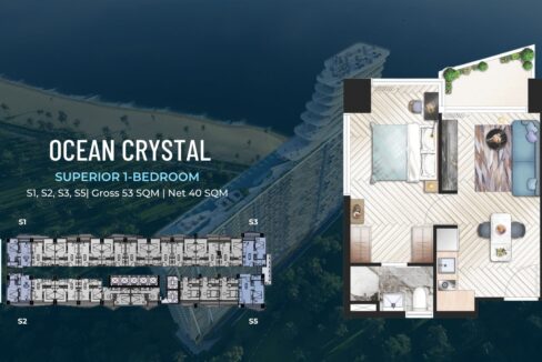 Superior 1 Bed (53 sqm) – Ocean Crystal Tower, Otres Beach Layout
